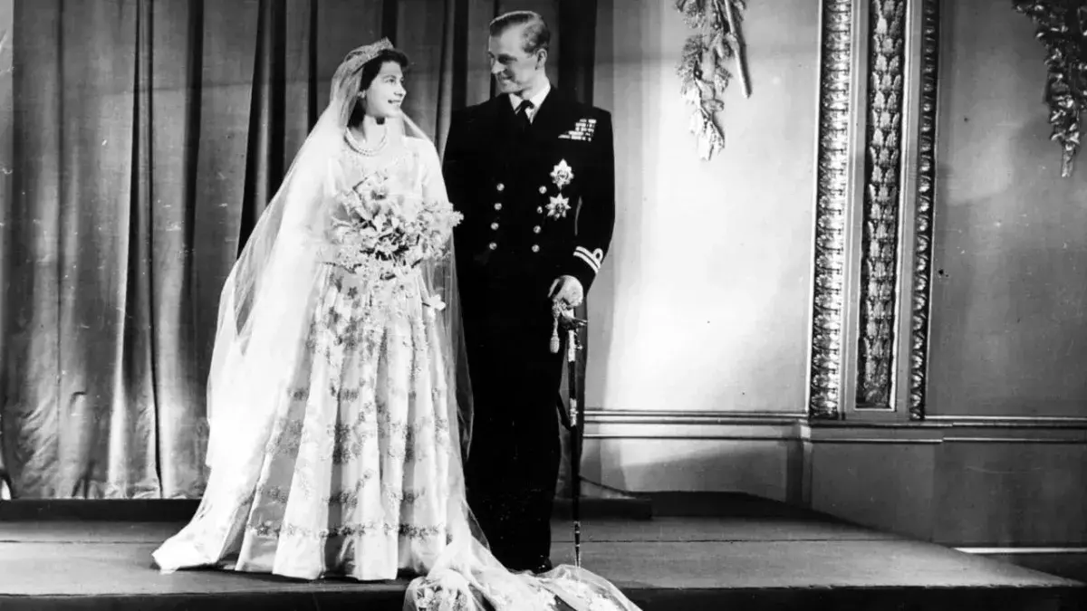 Queen Elizabeth II and Prince Philip Mountbatten on their wedding day
