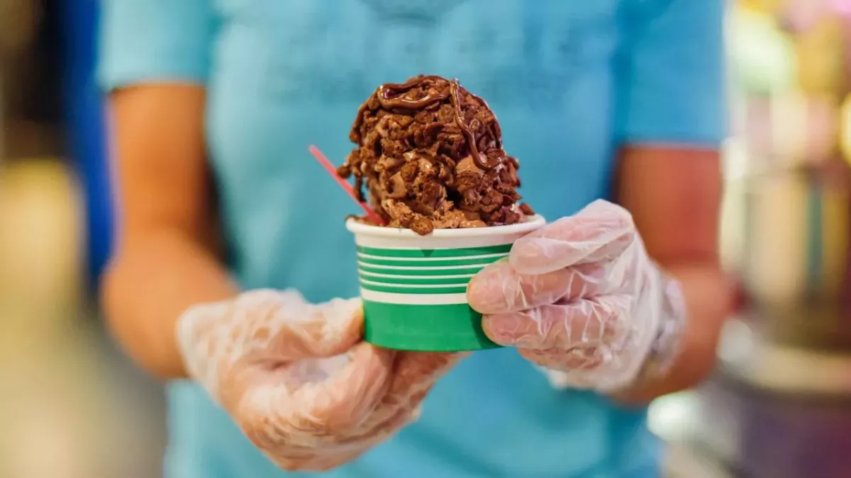 Ice cream held with surgical gloves