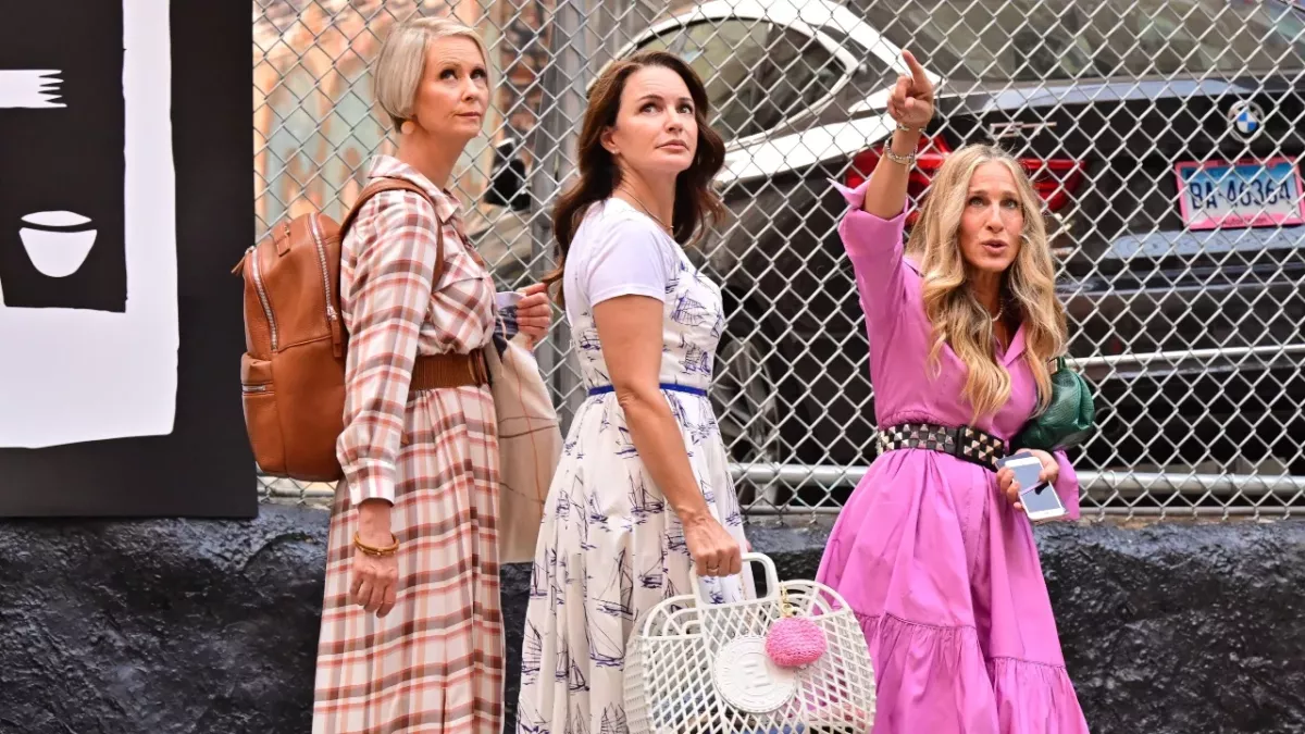 Cynthia Nixon, Kristin Davis and Sarah Jessica Parker seen on the set of "And Just Like That..." the follow up series to "Sex and the City" in SoHo on July 20, 2021 in New York City