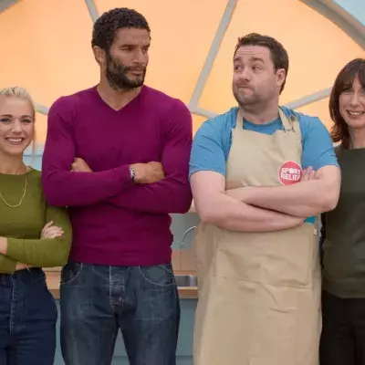 Celebrities pose for the camera as they prepare to take part in the comic relief special episode of the 'Great British Bake Off' for sport relief 2016 in Berkshire, England