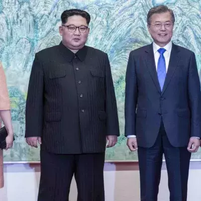 Left to right: Ri Sol-ju with her husband, Kim Jong-un (leader of North Korea), Moon Jae-in (President of South Korea), and his wife Kim Jong-sook (April 27 2018)