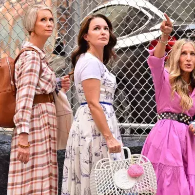 Cynthia Nixon, Kristin Davis and Sarah Jessica Parker seen on the set of "And Just Like That..." the follow up series to "Sex and the City" in SoHo on July 20, 2021 in New York City