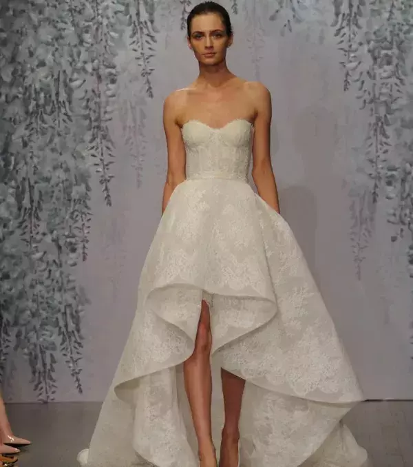Asymmetrical princess wedding dress with corseted bustier - Monique Lhuillier