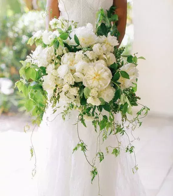 Bridal bouquet: Cascading bouquet full of assorted greenery and white flowers