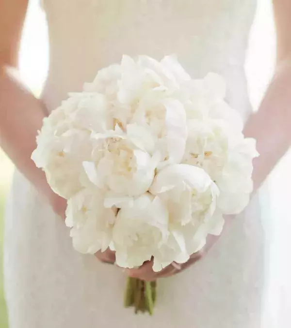 Bridal bouquet: White peony round bouquet will never go out of trend