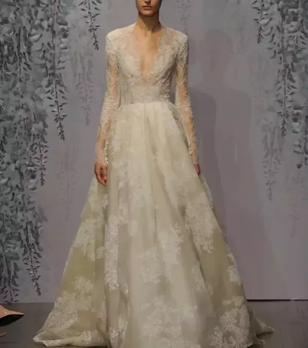Lace wedding dress: V-neck, Monique Lhuillier