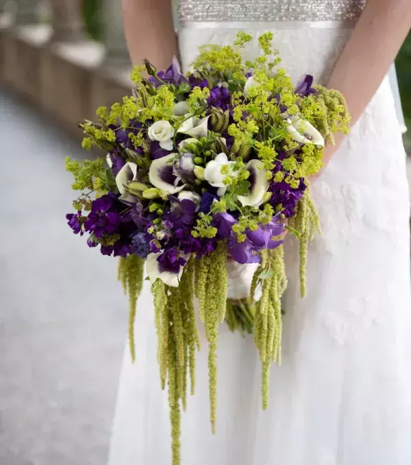 Bridal bouquets: greenery with purple and white flowers