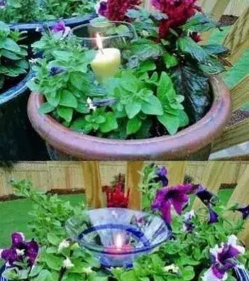 Broken wine glasses can be made into candle holders for the garden.