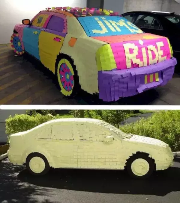 Cover an entire car with post-it notes! You can leave a fun or embarssing message for your friend!